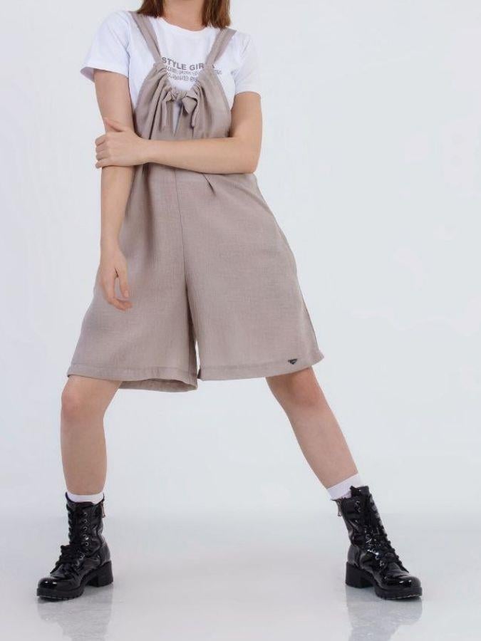 Kız Çocuk Askılı Kısa Tshirt ile Takım Keten Tulum