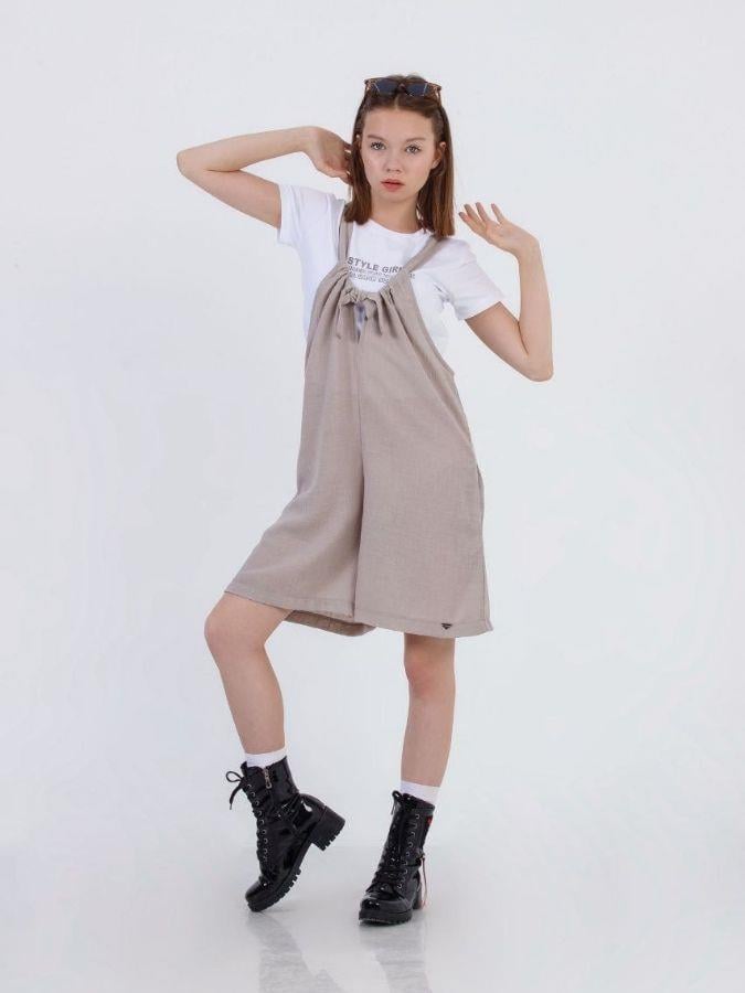 Kız Çocuk Askılı Kısa Tshirt ile Takım Keten Tulum