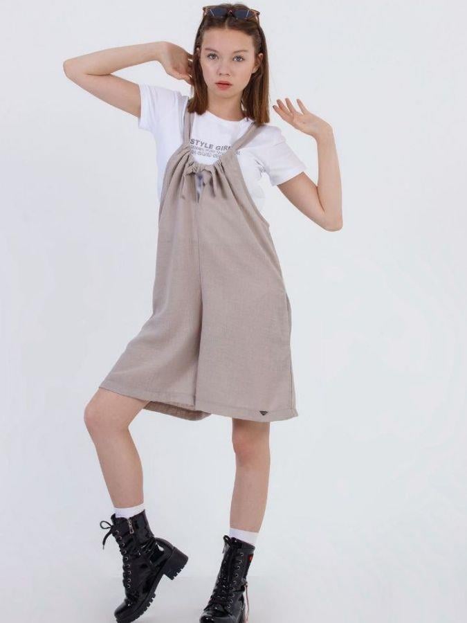 Kız Çocuk Askılı Kısa Tshirt ile Takım Keten Tulum