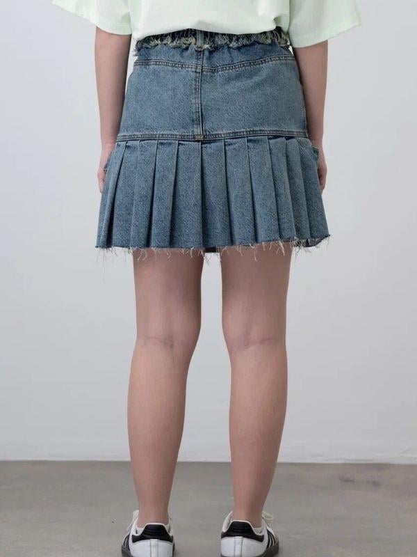 Kız Çocuk Askılı Pileli Tasarım Denim Etek