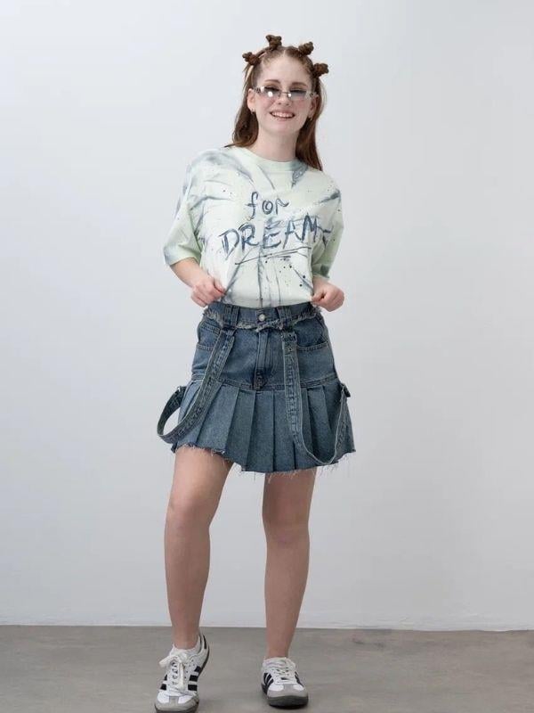 Kız Çocuk Askılı Pileli Tasarım Denim Etek