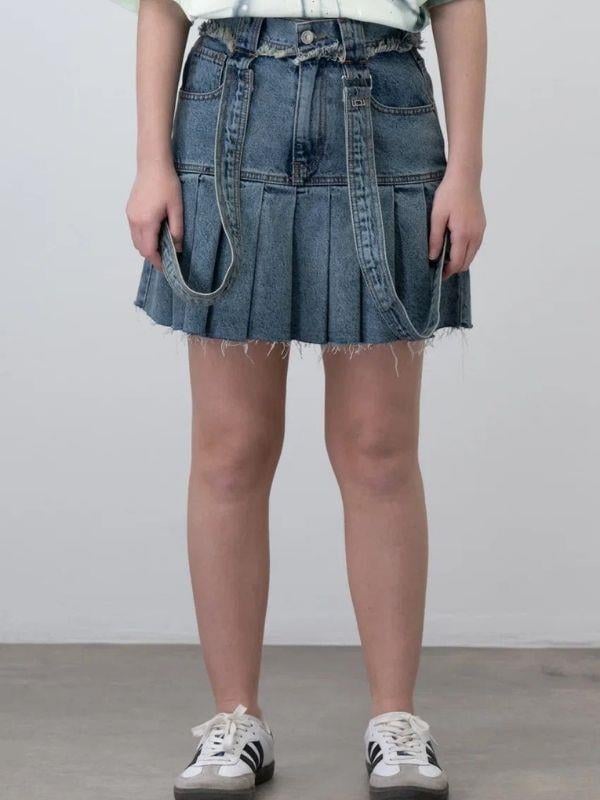 Kız Çocuk Askılı Pileli Tasarım Denim Etek