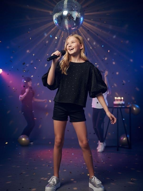 Kız Çocuk Balon Kol Tasarım Taşlı Bluz