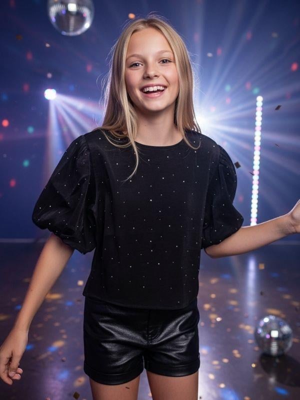 Kız Çocuk Balon Kol Tasarım Taşlı Bluz