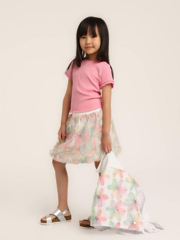 Kız Çocuk Bel Lastikli Tül Çiçek Desenli Balon Etek