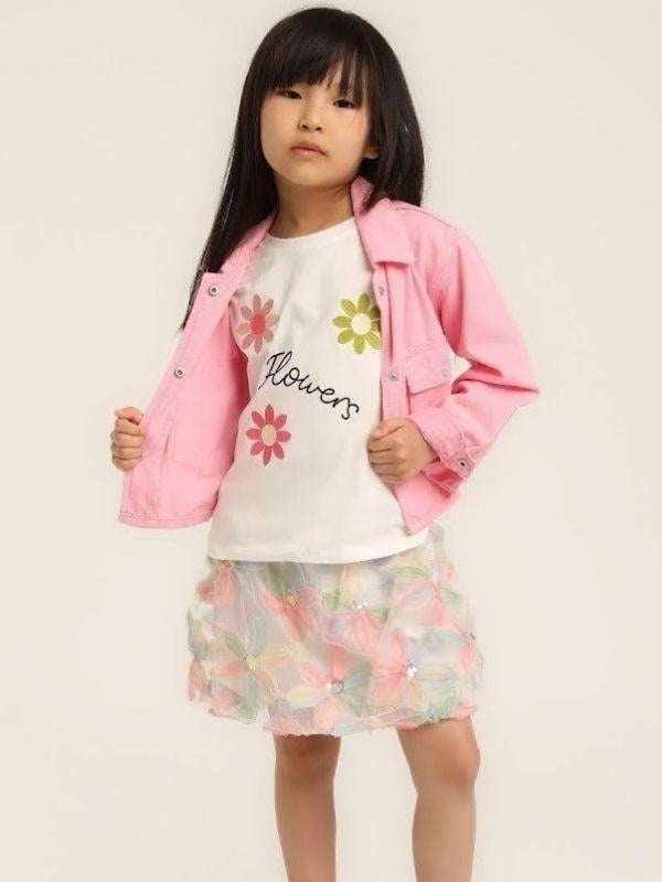 Kız Çocuk Bel Lastikli Tül Çiçek Desenli Balon Etek