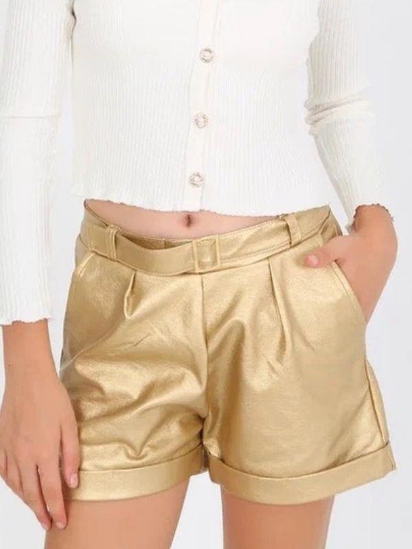 Kız Çocuk Beli Kemerli Duble Paça Gold Deri Şort