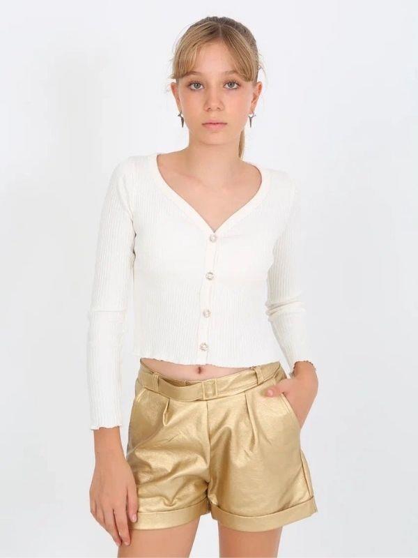 Kız Çocuk Beli Kemerli Duble Paça Gold Deri Şort