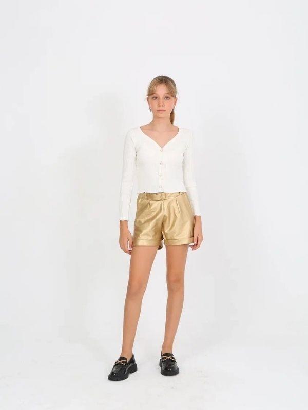 Kız Çocuk Beli Kemerli Duble Paça Gold Deri Şort