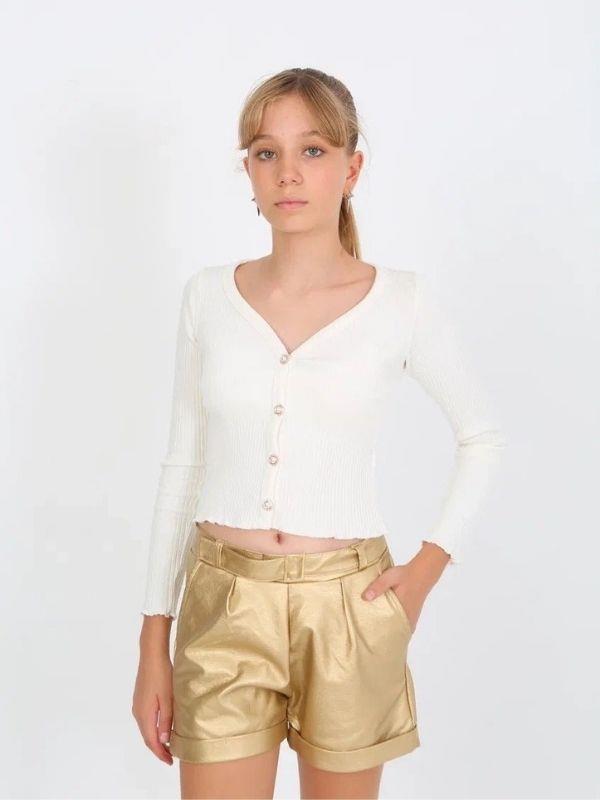 Kız Çocuk Beli Kemerli Duble Paça Gold Deri Şort