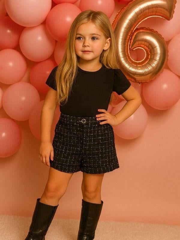 Kız Çocuk Beli  Lastikli Simli Tüvit Kumaş Şort Etek