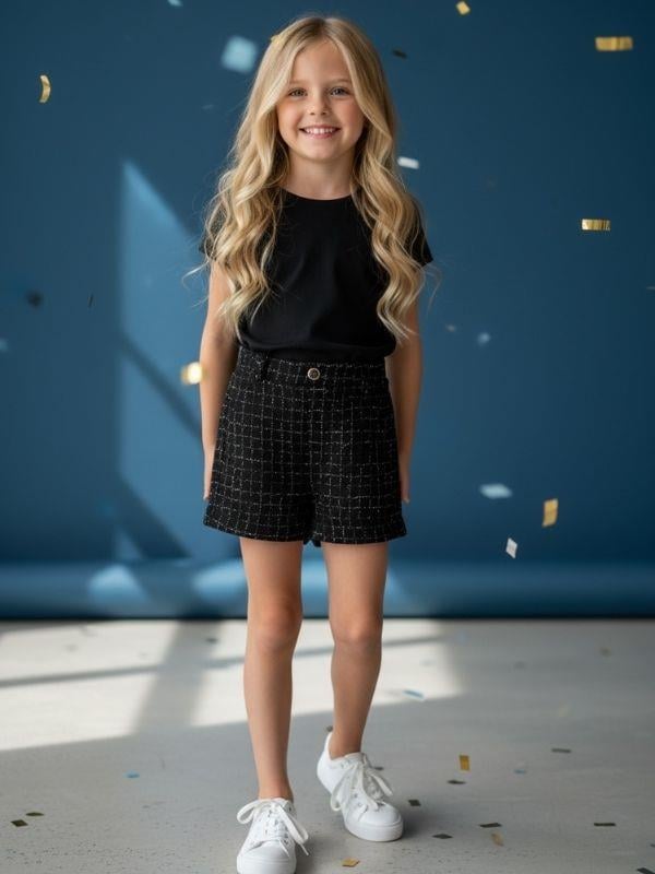 Kız Çocuk Beli  Lastikli Simli Tüvit Kumaş Şort Etek