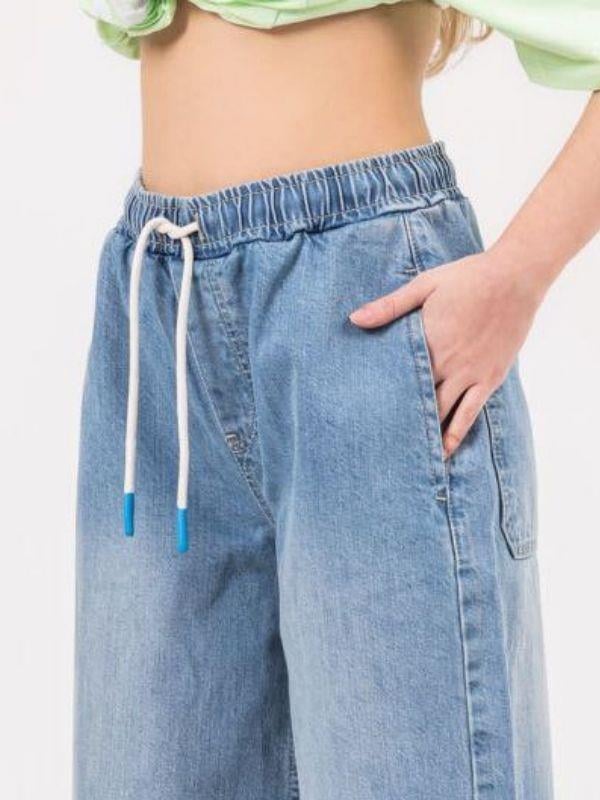 Kız Çocuk Bol Paça Bel Lastikli Kot Pantolon