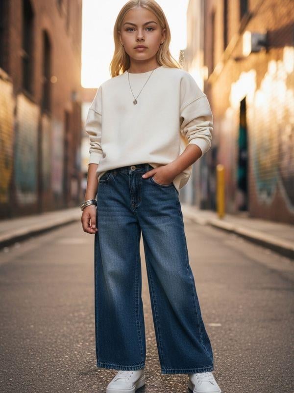 Kız Çocuk Bol Paça Denim Pantolon