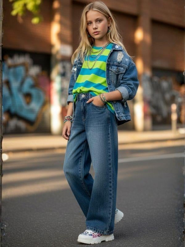 Kız Çocuk Bol Paça Denim Pantolon