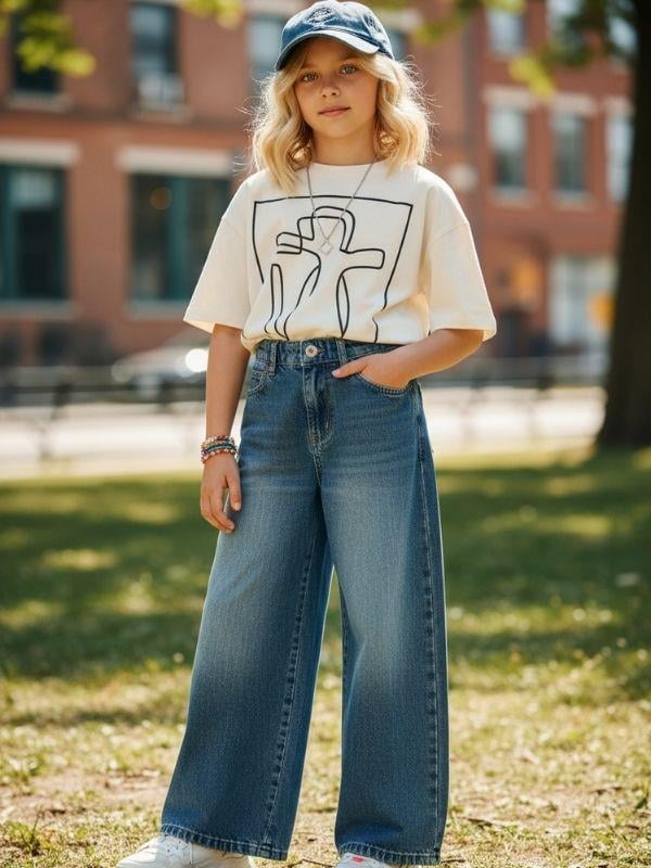 Kız Çocuk Bol Paça Denim Pantolon