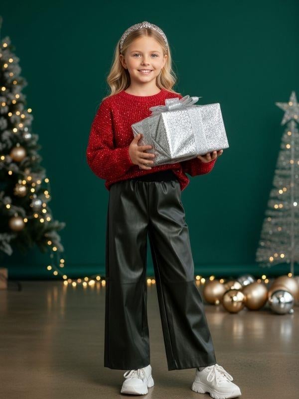 Kız Çocuk Bol Paça Deri Pantolon