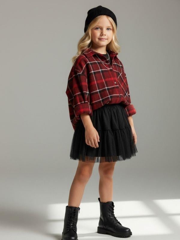 Kız Çocuk Bordo Ekose Desenli Oduncu Gömlek