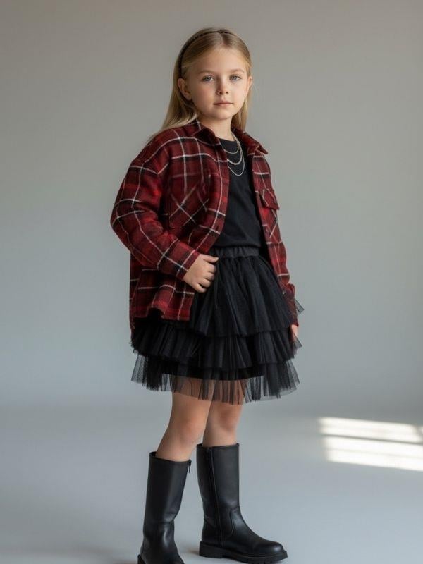 Kız Çocuk Bordo Ekose Desenli Oduncu Gömlek