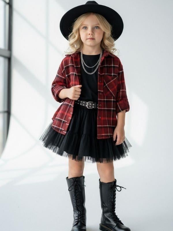 Kız Çocuk Bordo Ekose Desenli Oduncu Gömlek