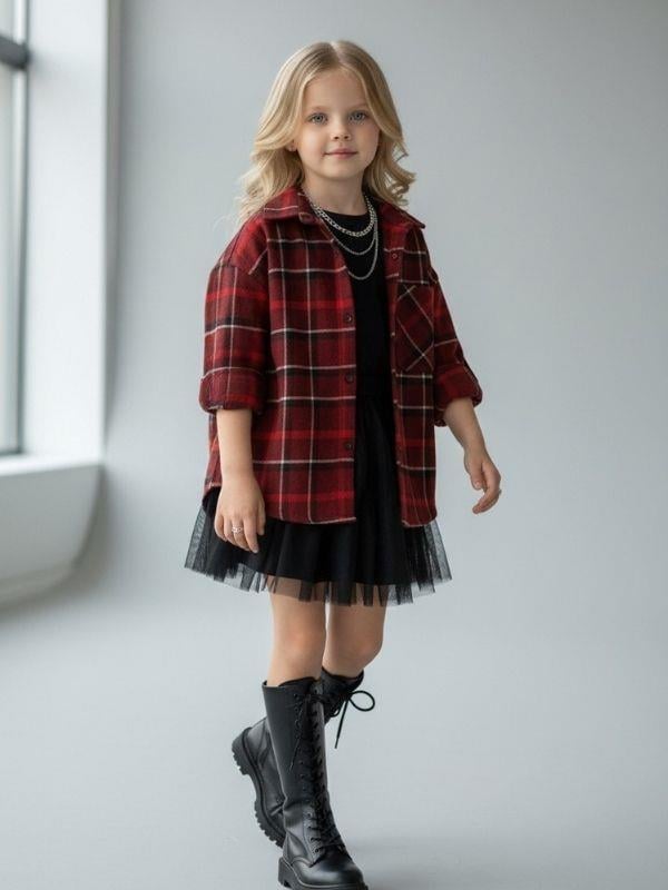 Kız Çocuk Bordo Ekose Desenli Oduncu Gömlek