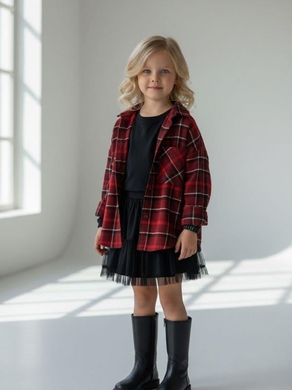 Kız Çocuk Bordo Ekose Desenli Oduncu Gömlek