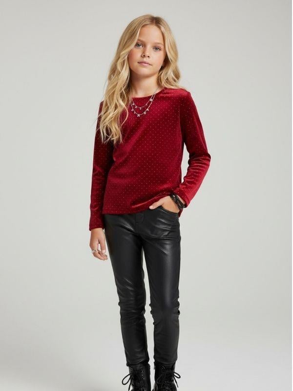 Kız Çocuk Bordo Kadife Taş İşlemeli Uzun Kollu Bluz