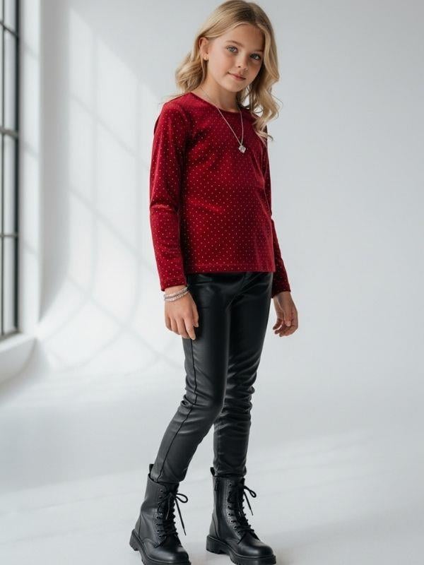Kız Çocuk Bordo Kadife Taş İşlemeli Uzun Kollu Bluz