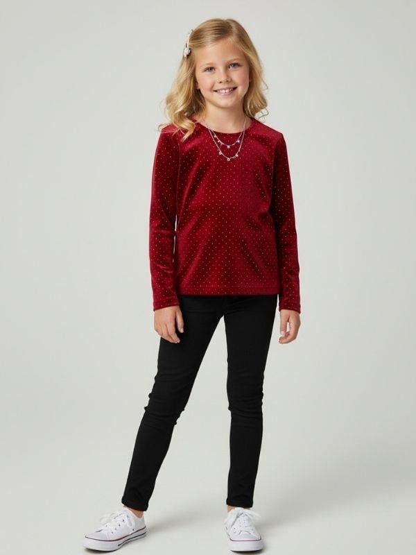 Kız Çocuk Bordo Kadife Taş İşlemeli Uzun Kollu Bluz