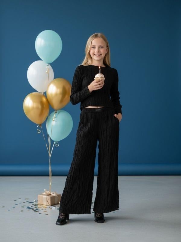 Kız Çocuk Bürümcük Kumaş Geniş Paçalı Tasarım Pantolon