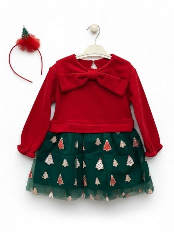 Kız Çocuk Büyük Fiyonklu Yılbaşı Temalı Taçlı  Elbise
