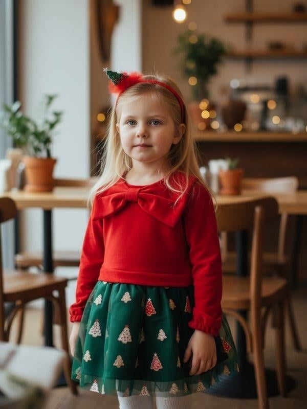 Kız Çocuk Büyük Fiyonklu Yılbaşı Temalı Taçlı  Elbise