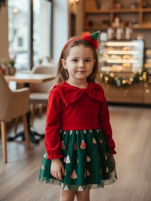 Kız Çocuk Büyük Fiyonklu Yılbaşı Temalı Taçlı  Elbise