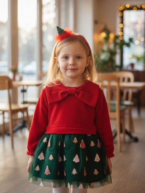 Kız Çocuk Büyük Fiyonklu Yılbaşı Temalı Taçlı  Elbise