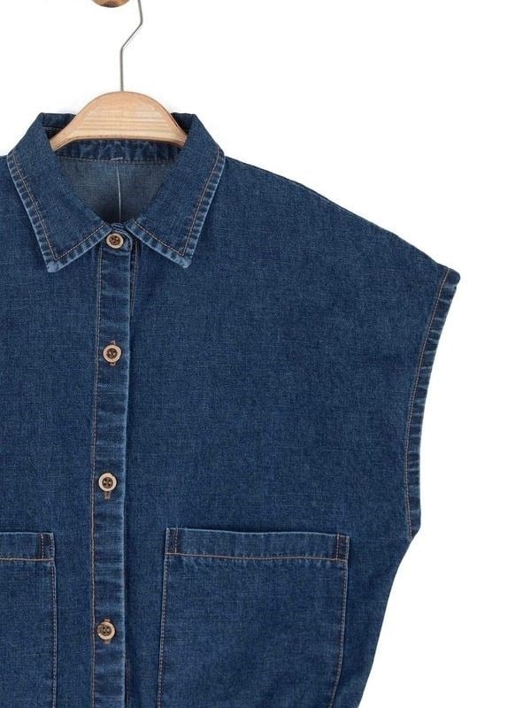 Kız Çocuk Cepli Beli Büzgülü Denim Yelek