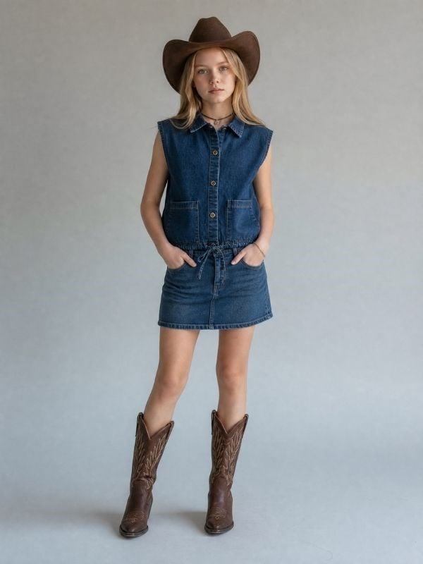 Kız Çocuk Cepli Beli Büzgülü Denim Yelek