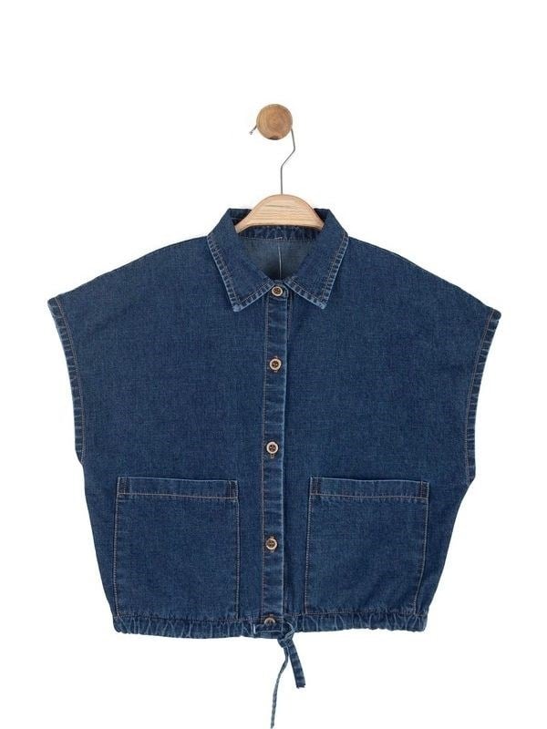 Kız Çocuk Cepli Beli Büzgülü Denim Yelek
