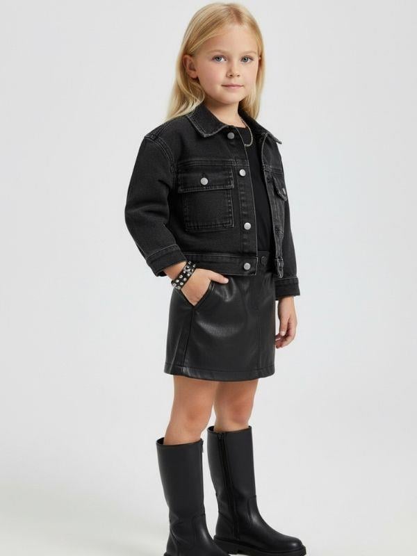 Kız Çocuk Cepli Crop Kot Ceket