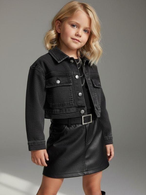 Kız Çocuk Cepli Crop Kot Ceket
