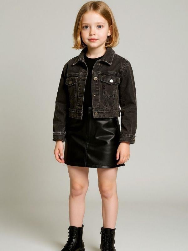 Kız Çocuk Cepli Crop Kot Ceket