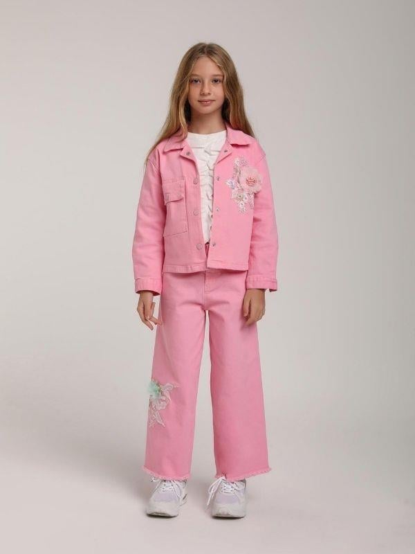 Kız Çocuk Cepli Tül Çiçekli Kot Ceket