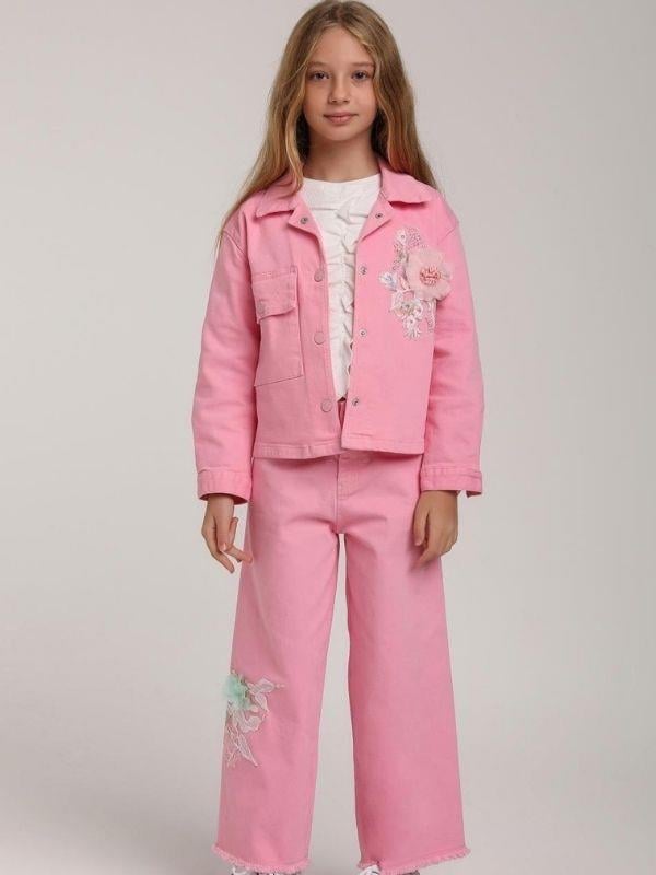 Kız Çocuk Cepli Tül Çiçekli Kot Ceket