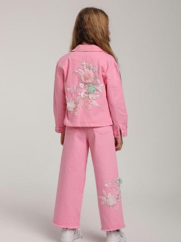 Kız Çocuk Cepli Tül Çiçekli Kot Ceket