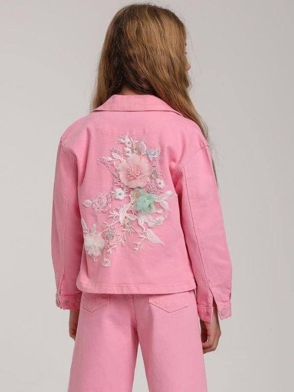 Kız Çocuk Cepli Tül Çiçekli Kot Ceket