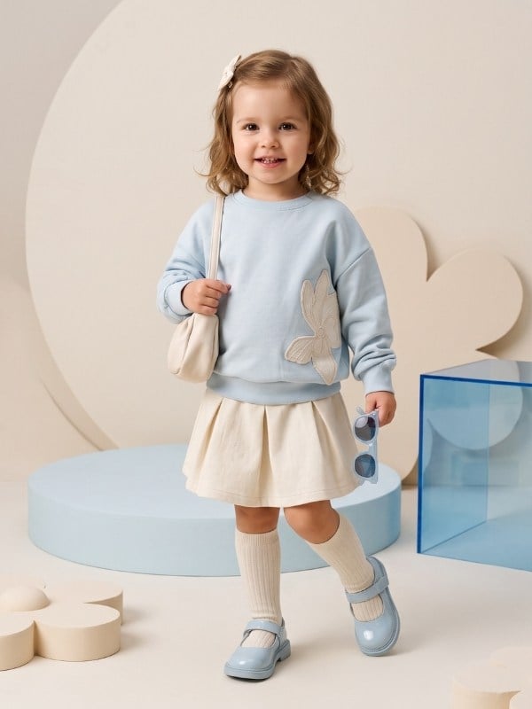 Kız Çocuk Çiçek Aplikeli Bisiklet Yaka Sweatshirt