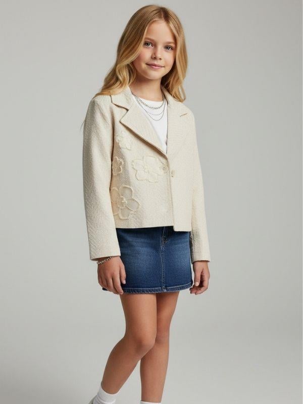 Kız Çocuk Çiçek Aplikeli Dokulu Şık Tasarım Ceket
