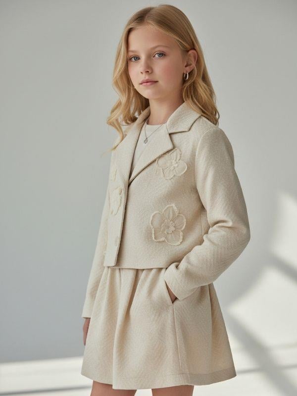 Kız Çocuk Çiçek Aplikeli Dokulu Şık Tasarım Ceket