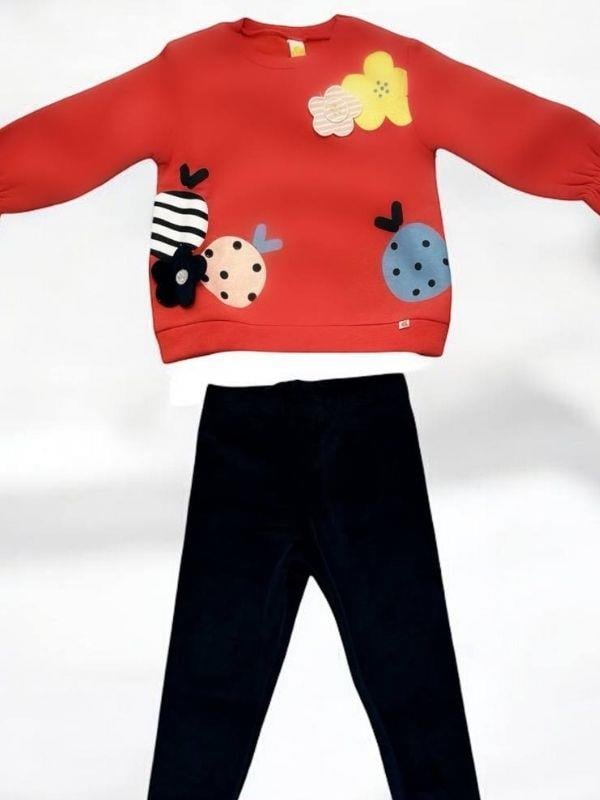 Kız Çocuk Çiçek Desenli İçi Şardonlu Kadife Taytlı Takım