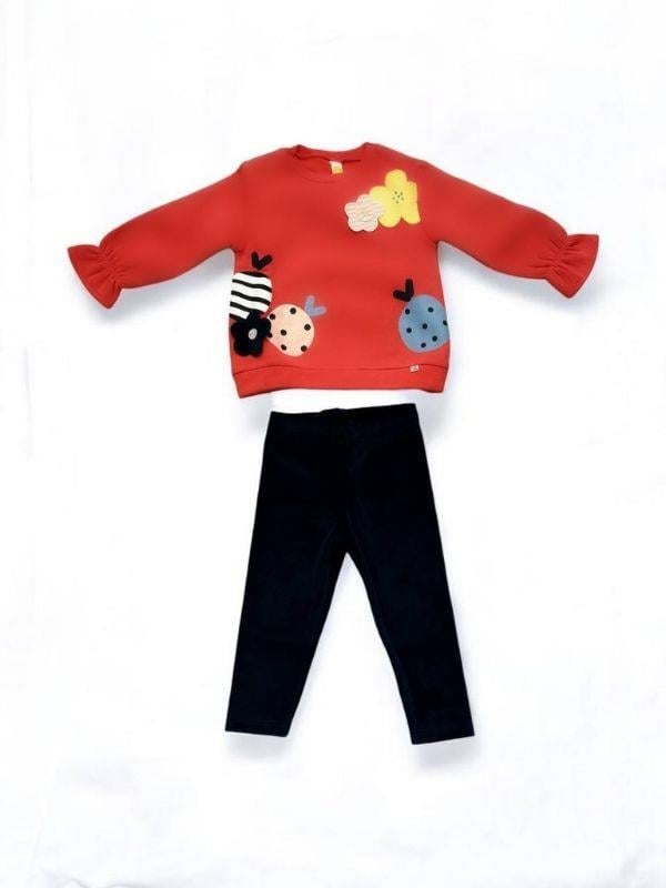 Kız Çocuk Çiçek Desenli İçi Şardonlu Kadife Taytlı Takım