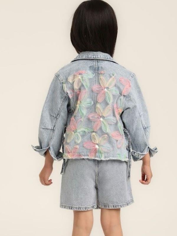 Kız Çocuk Çiçek Desenli Kot Ceket